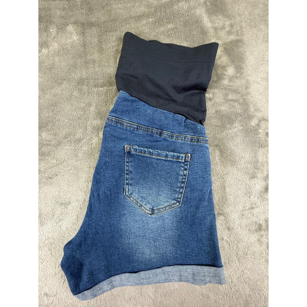 HOFISH Womens Maternity Denim Shorts Medium Wash Distressed Over Belly Size M